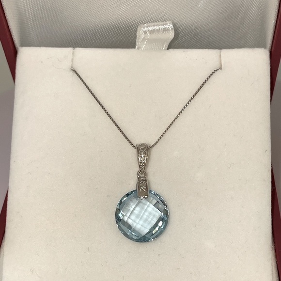 Solid 14K White Gold Fancy Cut Round Blue Topaz Diamond Accent Pendant Necklace - Picture 6 of 14